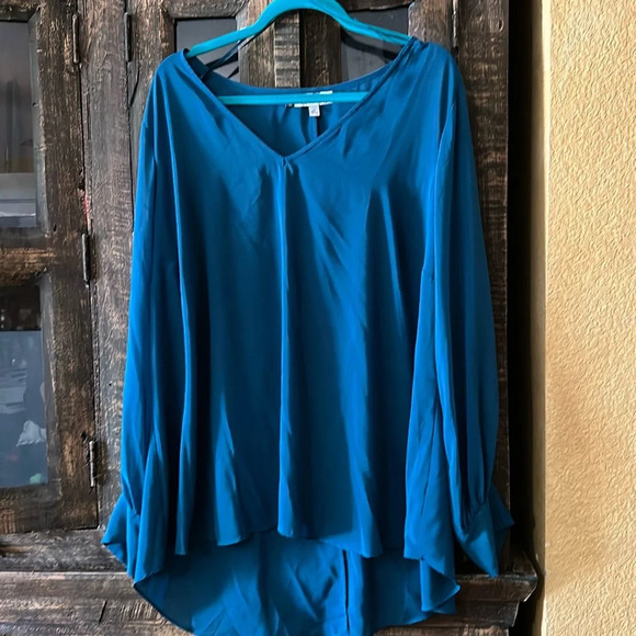 Beautiful Dark Teal Jennifer Lopez Blouse 2x SemiShear Long Sleeves with buttons - Picture 1 of 4